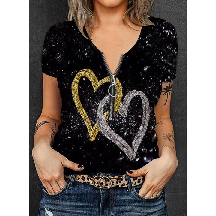 Damen Stylisches T-Shirt mit goldfarbenem Herz-Design und Reißverschluss Echo Archiv