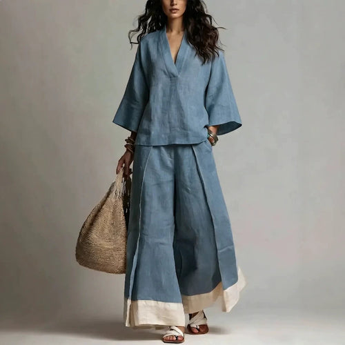 Damen Leinenzweiteiler mit weitem Palazzohose V-Ausschnitt und kontrastsaum – Élanora