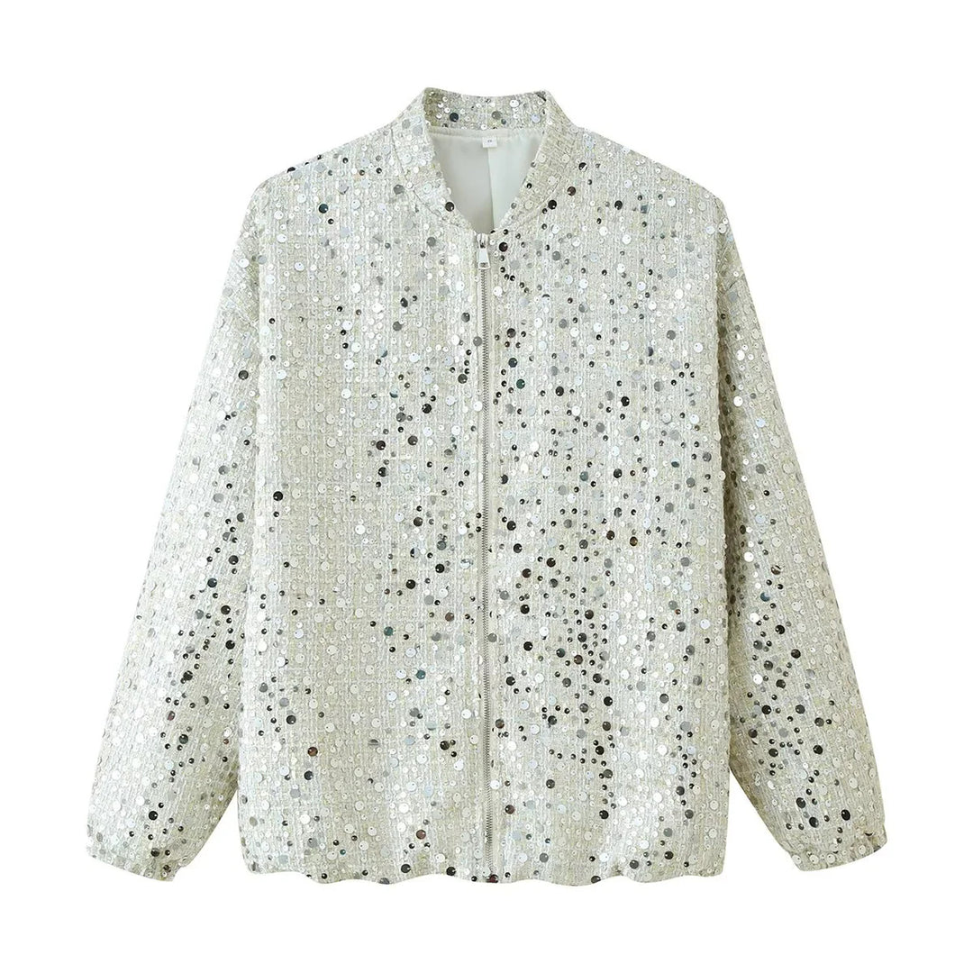 Damen schimmernde Pailletten-Boxy-Jacke mit Stehkragen, verdecktem Reißverschluss und elastischen Bündchen – Célinea