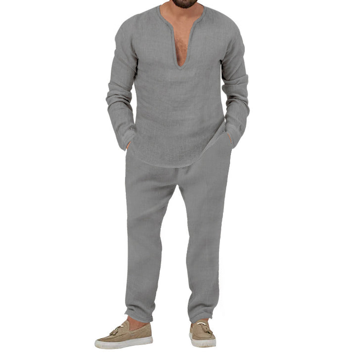 Herren Elegantes Leinen-Loungewear-Set mit Stehkragen Echoarchiv