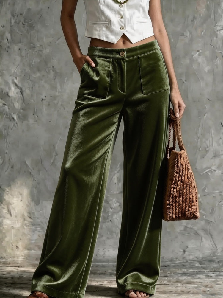 Damen Weite Samt-Palazzohose mit hoher Taille und aufgesetzten Taschen Echoarchiv