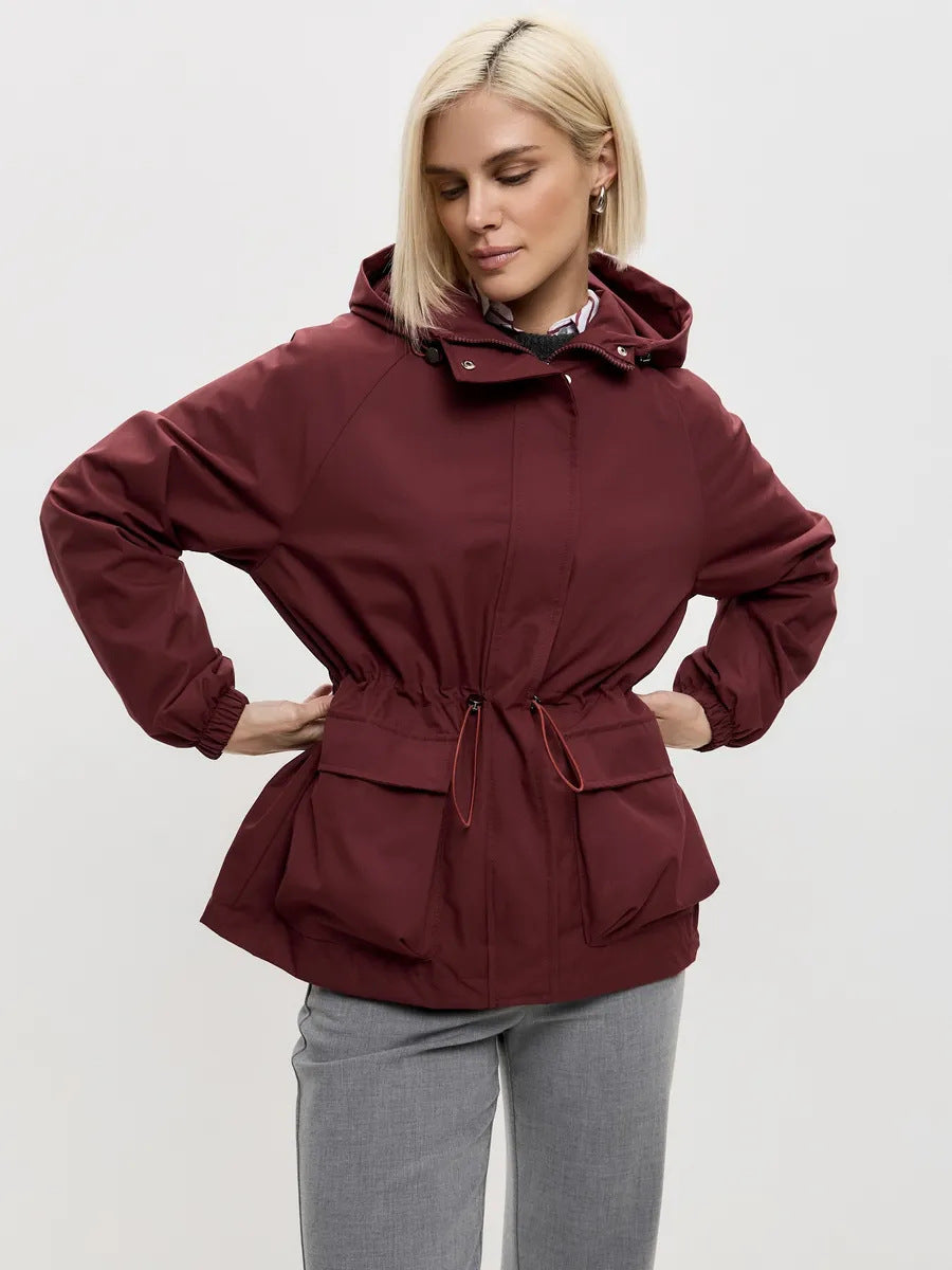 Damen wasserdichte Parka-Jacke mit Kapuze, Tunnelzugtaillierung und XXL-Klappentaschen – Célinea