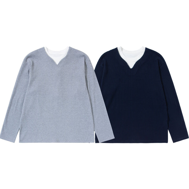 Unisex Gerippter Langarmpullover mit V-Notch und eingesetztem Rundhals-Underlayer Echoarchiv