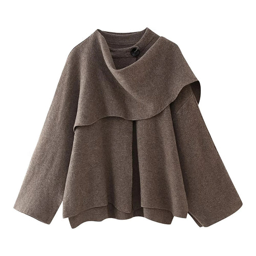 Damen asymmetrischer Lagenponcho mit Knopfdetail und weitem Ärmel – Célinea