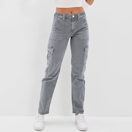 Damen Hochtaillierte Cargohose aus Denim mit geradem Bein und Mehrfachtaschen Echo Archiv