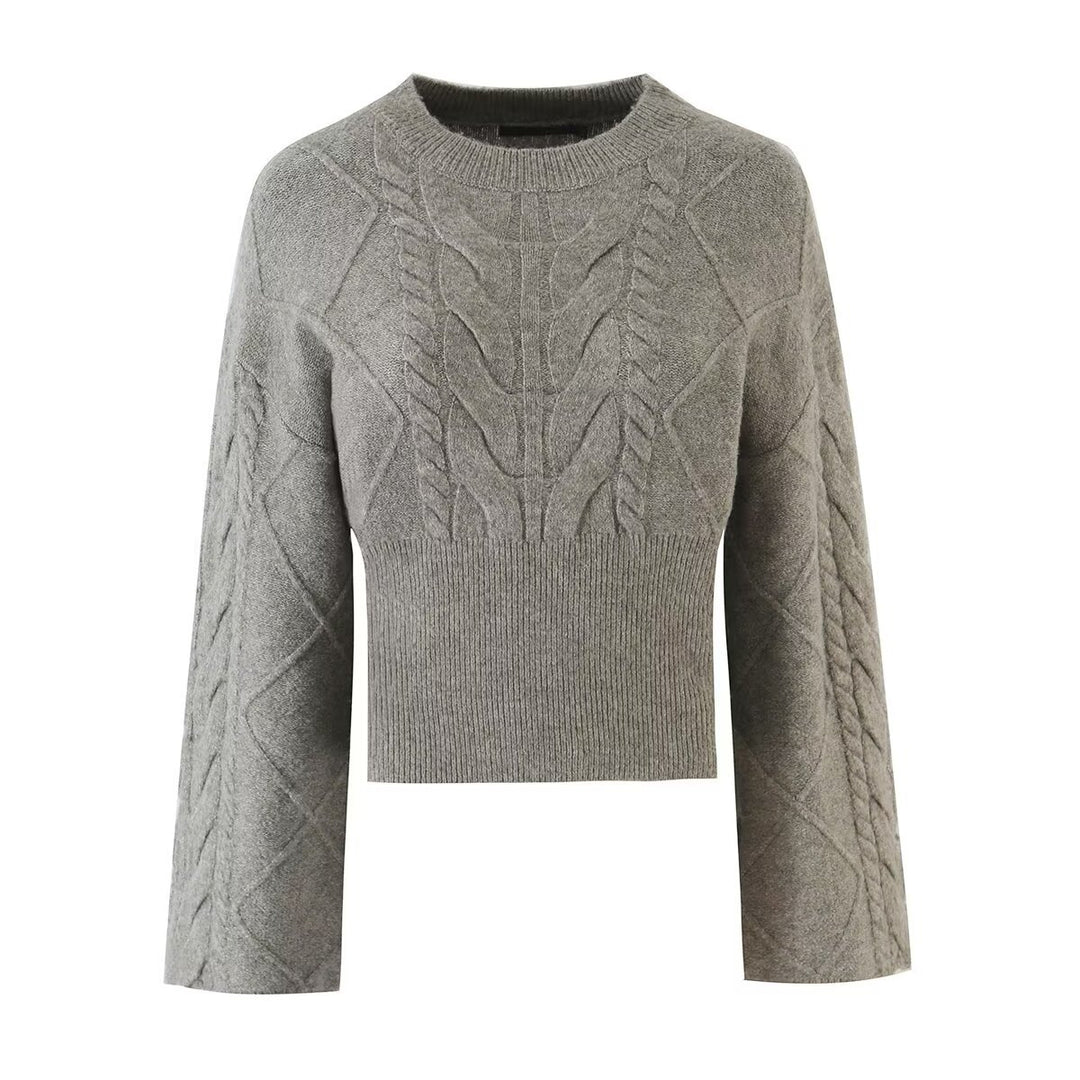 Damen Kurzgeschnittener Zopfstrick-Pullover mit weitem Ärmel und geripptem Saum Echo Archiv