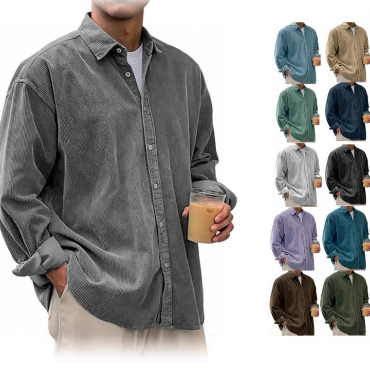 Herren Oversize Cord-Shirt aus feinem Cord mit durchgehendem Knopfverschluss und Kent-Kragen EB – Arvello