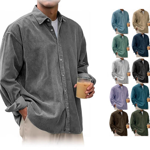 Herren Oversize Cord-Shirt aus feinem Cord mit durchgehendem Knopfverschluss und Kent-Kragen EB – Arvello
