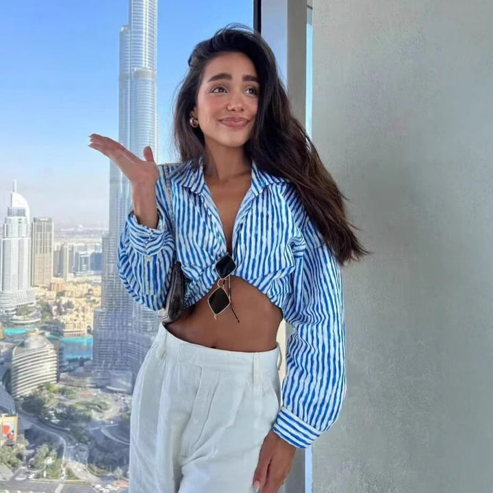 Damen geknotete Cropped-Bluse mit Hemdkragen und langen Ärmeln – Élovi