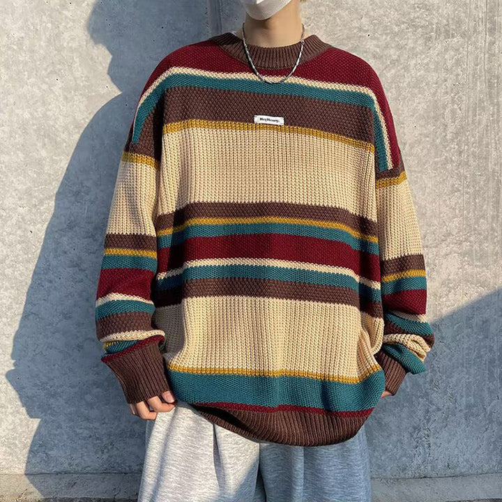 Herren Lässiger Grobstrickpullover mit buntem Streifenmuster Echoarchiv