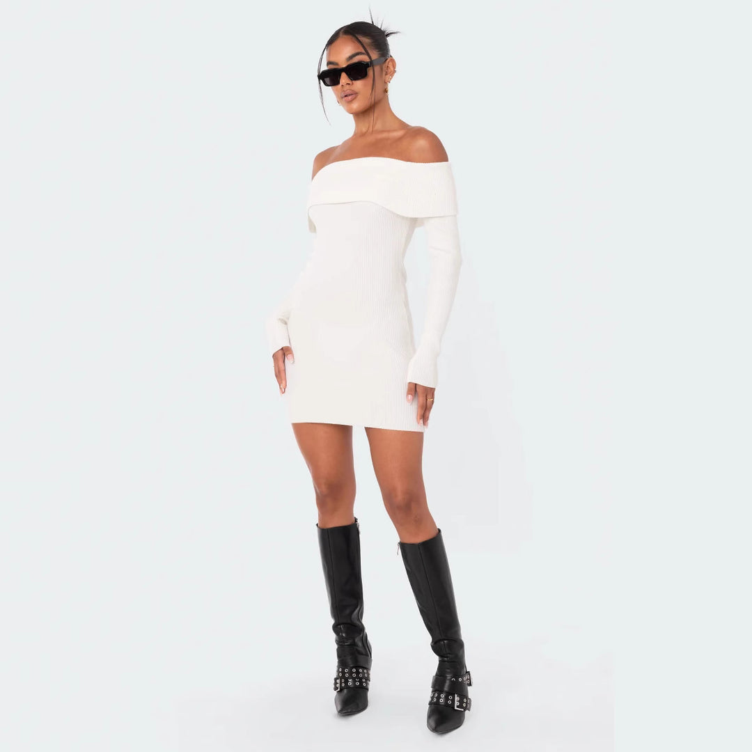 Damen Off-Shoulder Strickkleid mit figurbetontem Schnitt und Rippdetails Echo Archiv