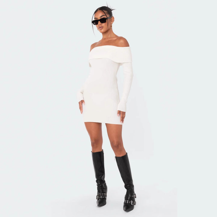 Damen Off-Shoulder Strickkleid mit figurbetontem Schnitt und Rippdetails Echo Archiv