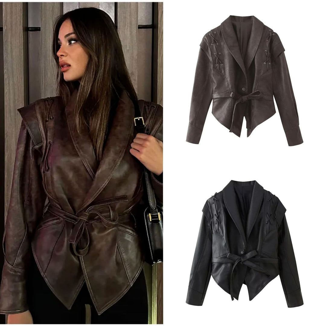 Damen taillierte Bindegürtel-Kunstlederjacke mit Schalkragen und Schnürdetails – Célinea