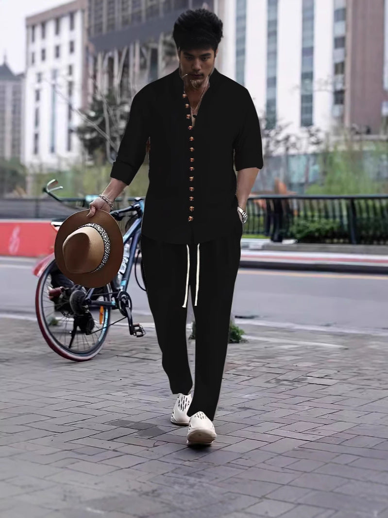Herren Lässiges Kurzarmhemd mit eleganter Knopfleiste und Freizeit-Hose Echoarchiv