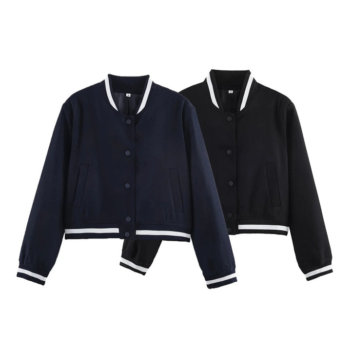 Damen nan kurzgeschnittene Bomberjacke im Varsity-Stil mit Rippbündchen und Druckknopfverschluss Echo Archiv