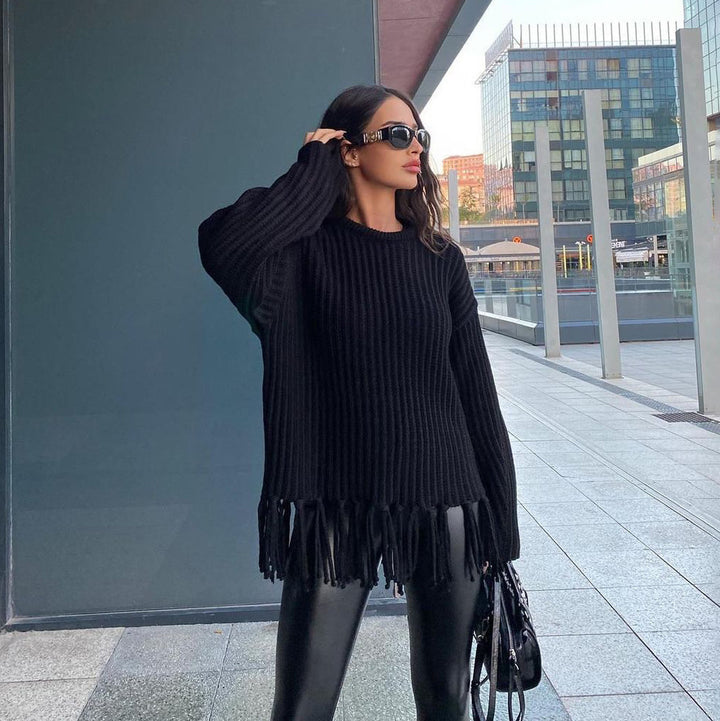 Damen lässiger Rippstrick-Pullover mit Fransen-Saum und Oversize-Silhouette – Mavelle