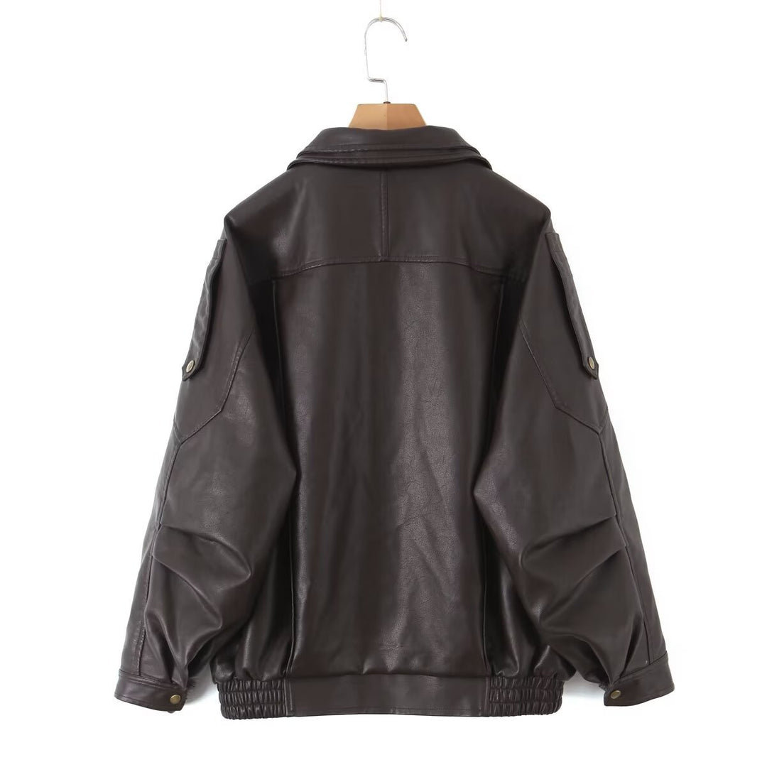 Damen Oversize-Lederimitat-Bomberjacke mit asymmetrischem Reißverschluss und Taillenband Echo Archiv