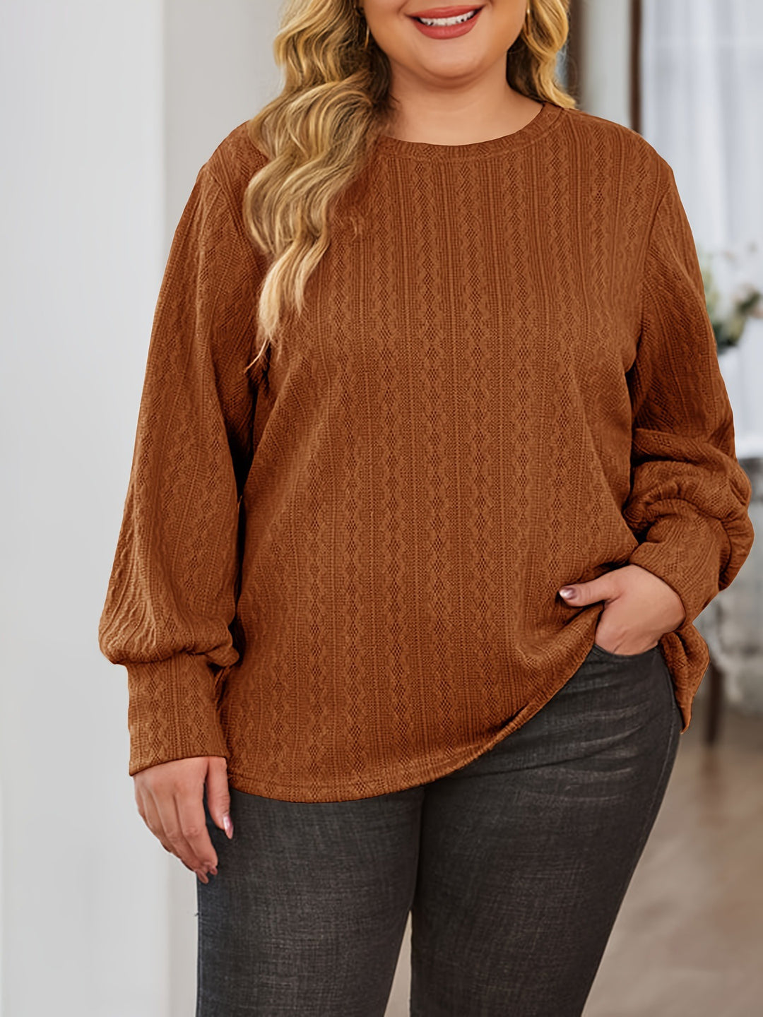 Damen Texturierter Oversize-Strickpullover mit Rundhalsausschnitt und Ballonärmeln Echoarchiv