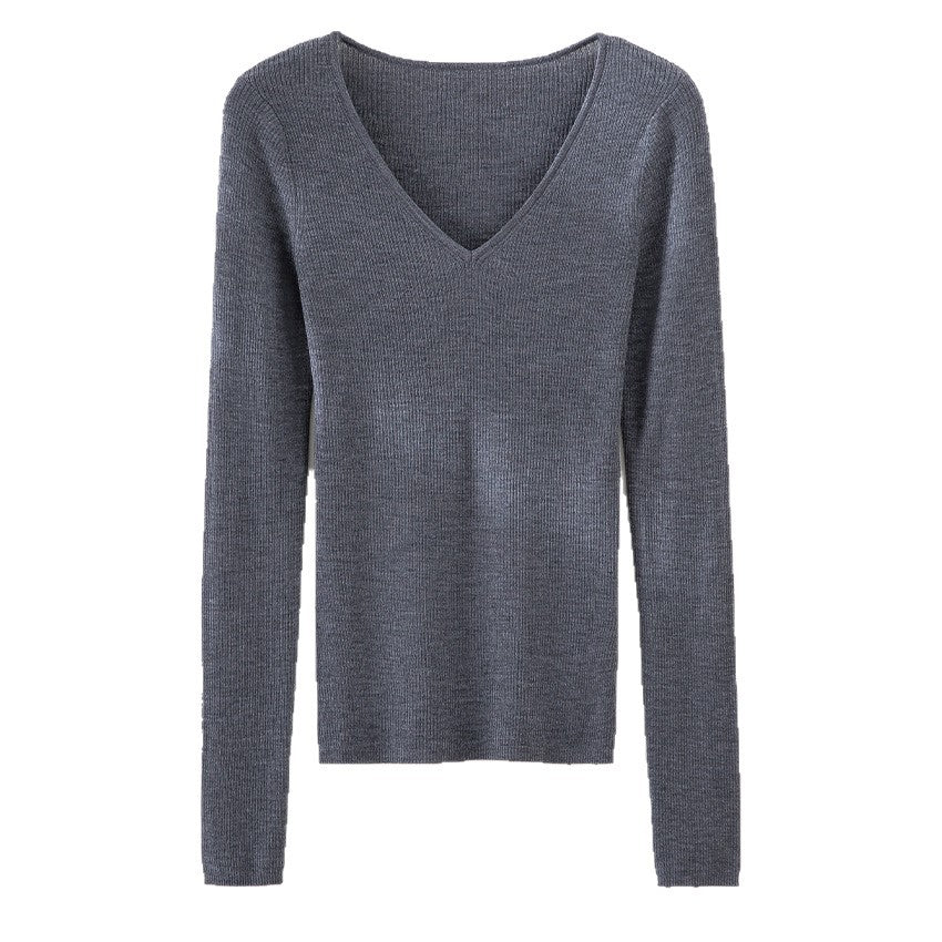Damen Feiner gerippter Feinstrickpullover mit V-Ausschnitt und taillierter Silhouette Echoarchiv