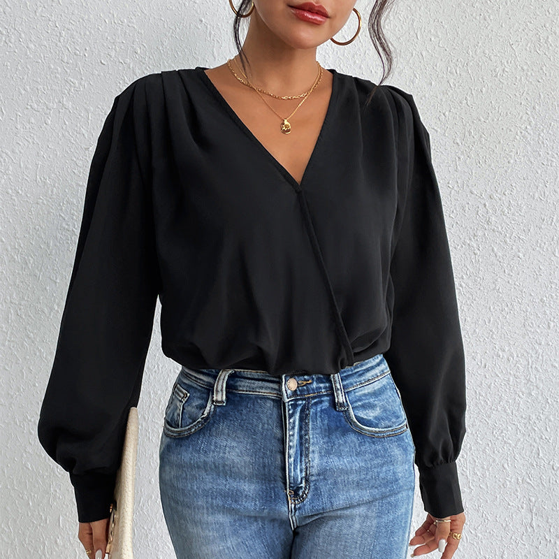 Damen Wickelbluse mit V-Ausschnitt, gepufften Schultern und elastischem Saum – Élovi