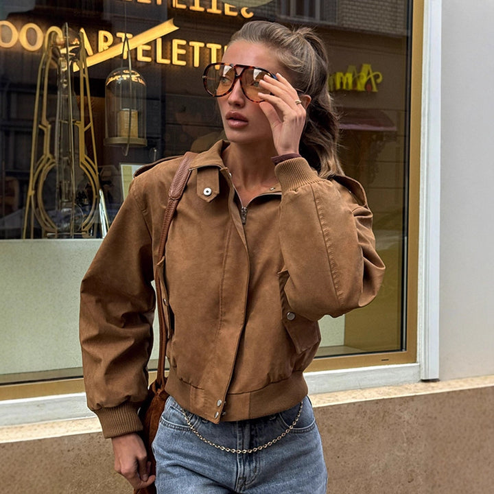 Damen Kurz geschnittene Bomberjacke aus Velourslederoptik mit Rippbündchen Echoarchiv