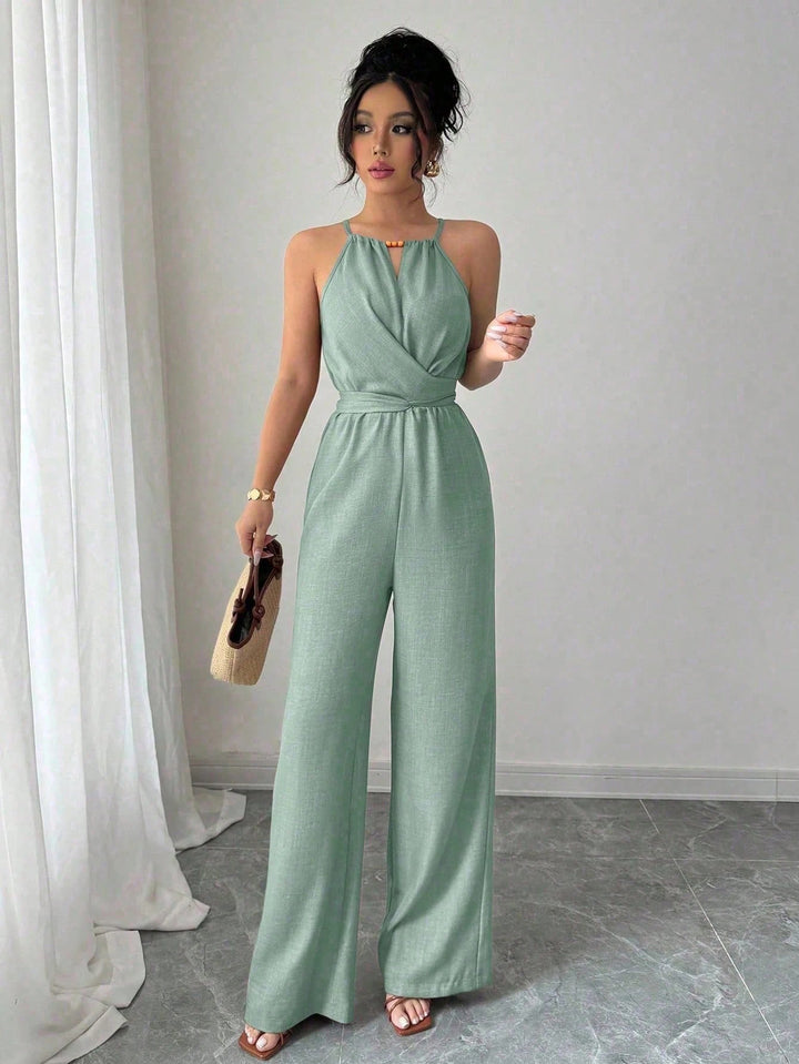 Damen Ärmelloser Neckholder-Jumpsuit mit Wickeloberteil und weitem Bein Echo Archiv