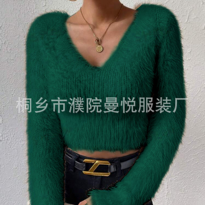 Damen Flauschiger Crop-Pullover mit V-Ausschnitt und Eyelash-Struktur – Mavelle
