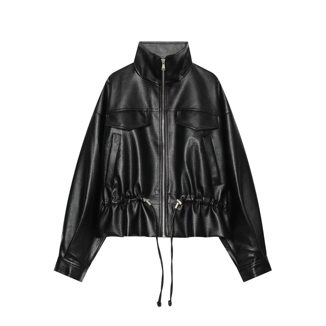 Damen Cropped Kunstlederblouson mit hohem Stehkragen, Pattentaschen und Tunnelzug Echoarchiv