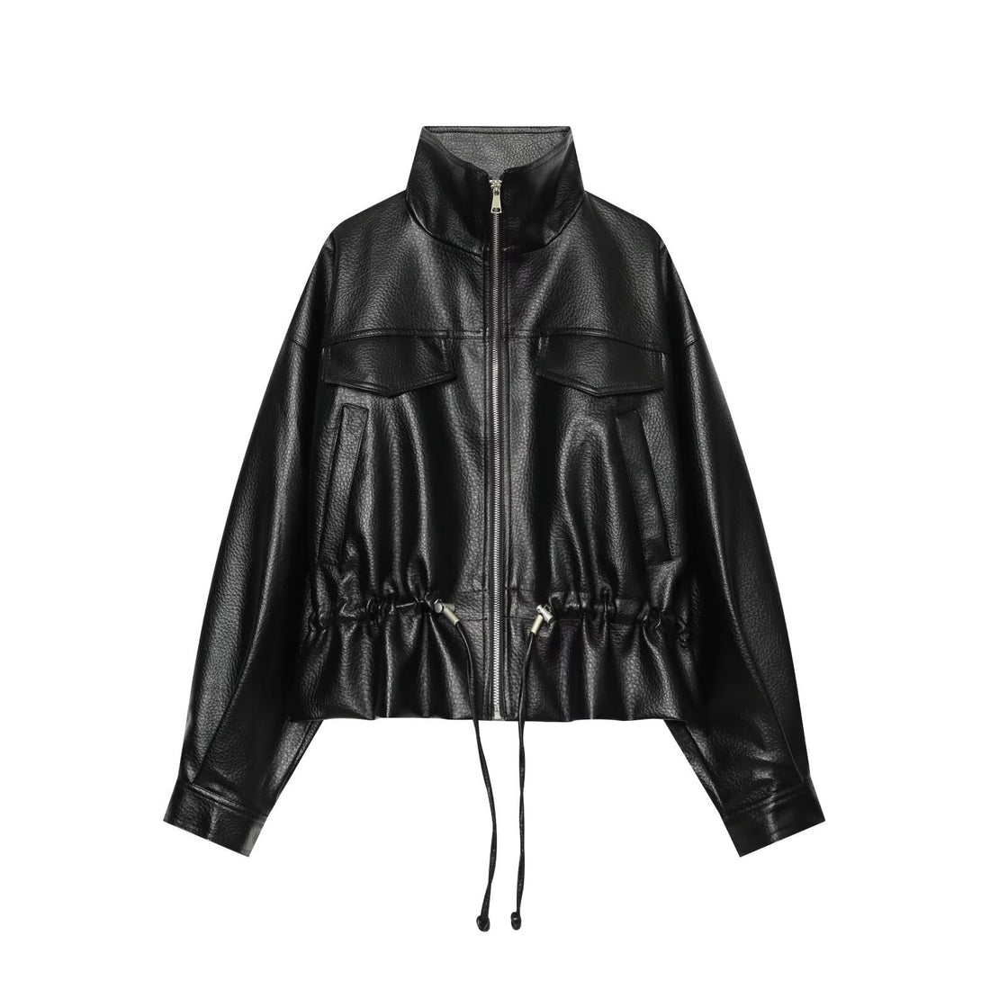 Damen Cropped Kunstlederblouson mit hohem Stehkragen, Pattentaschen und Tunnelzug Echoarchiv