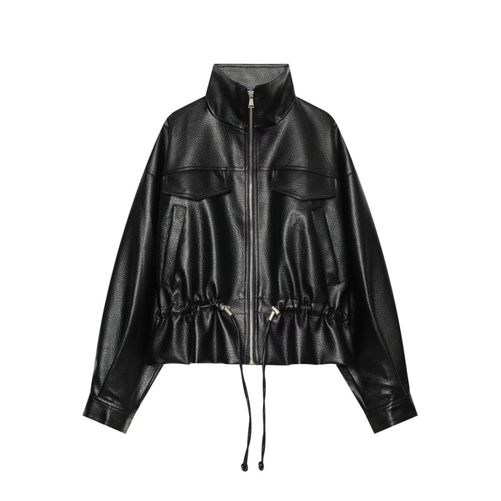 Damen Cropped Kunstlederblouson mit hohem Stehkragen, Pattentaschen und Tunnelzug Echoarchiv