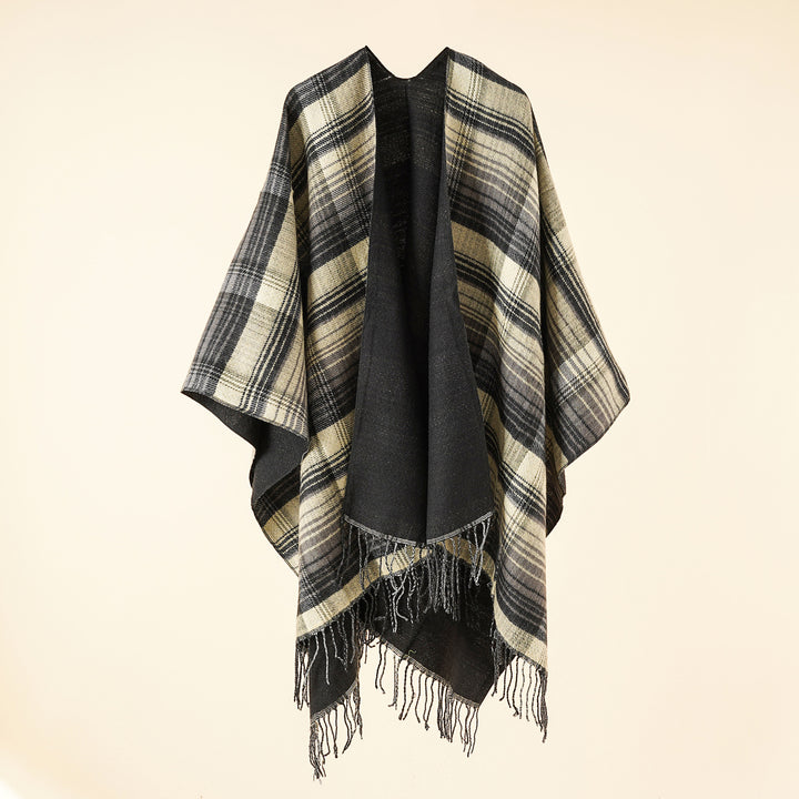 Damen Kastiger Plaid-Ruana aus leichtem Wollmix mit dekorativem Fransensaum – Avérine