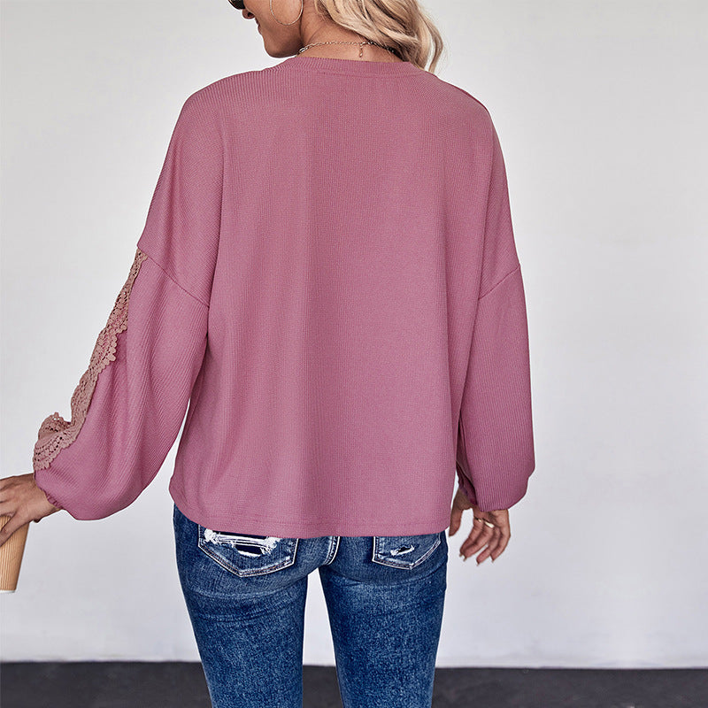 Damen Spitzenbesetzte V‑Ausschnitt-Bluse mit Ballonärmeln und Einsätzen Echoarchiv