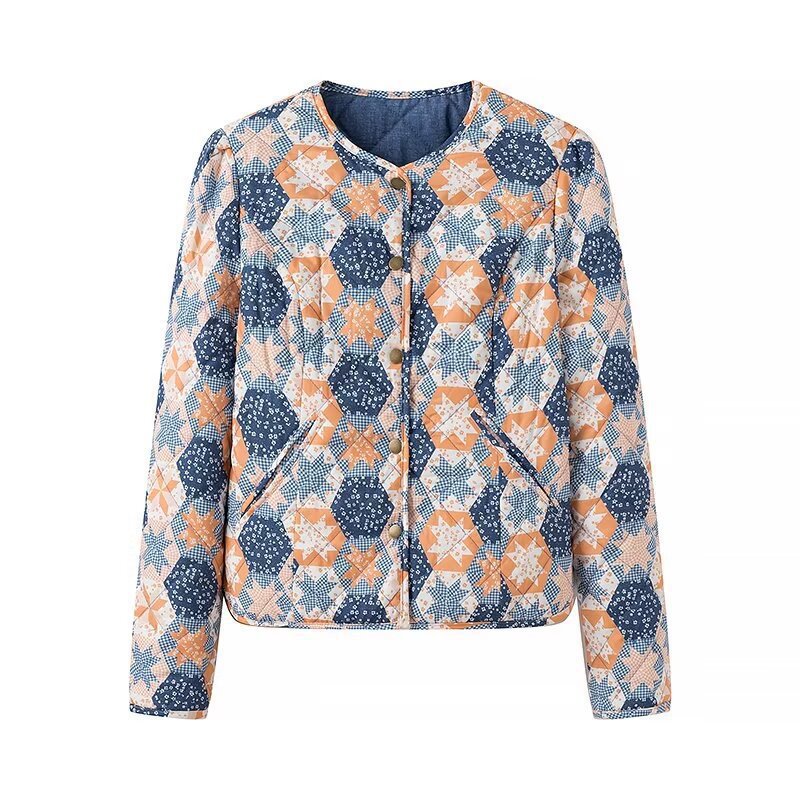 Damen Leichte Steppjacke mit Patchwork‑Blumenmuster und kurzem Schnitt Echo Archiv