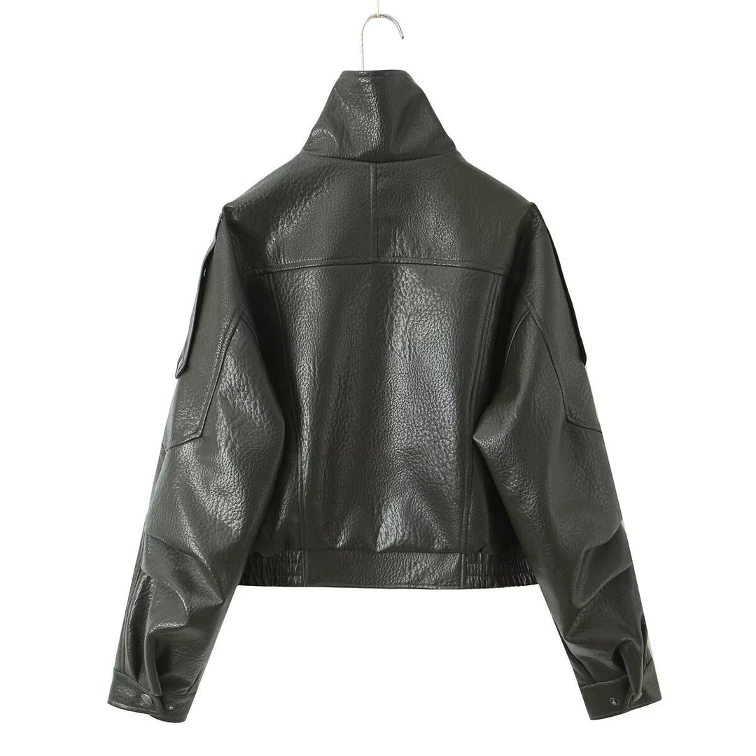 Damen Cropped Bikerblouson aus veganer Lederoptik mit asymmetrischer Frontpatte und Taillenbund Echoarchiv