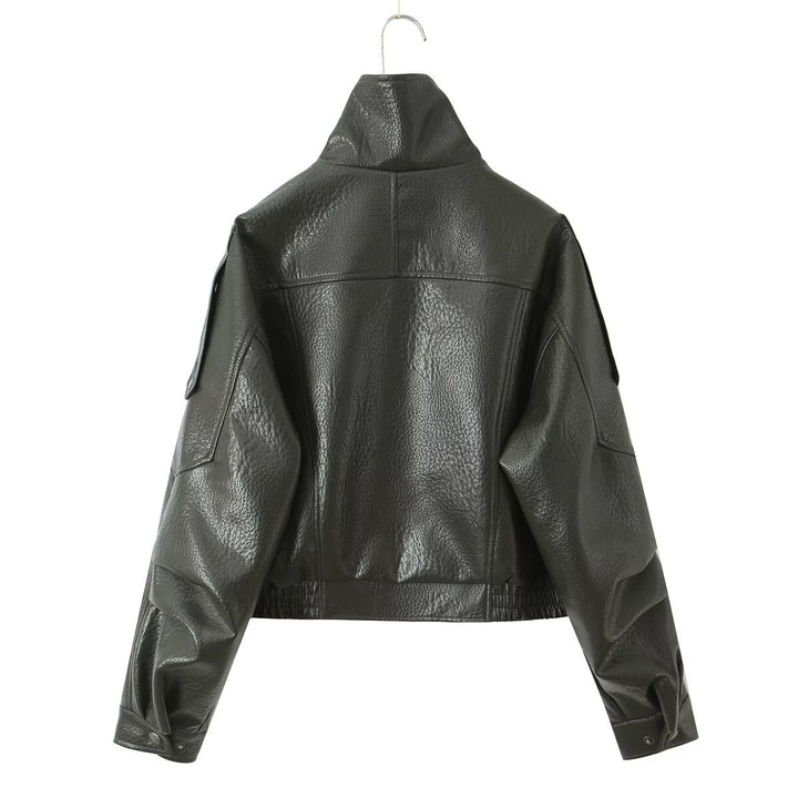 Damen Cropped Bikerblouson aus veganer Lederoptik mit asymmetrischer Frontpatte und Taillenbund Echoarchiv