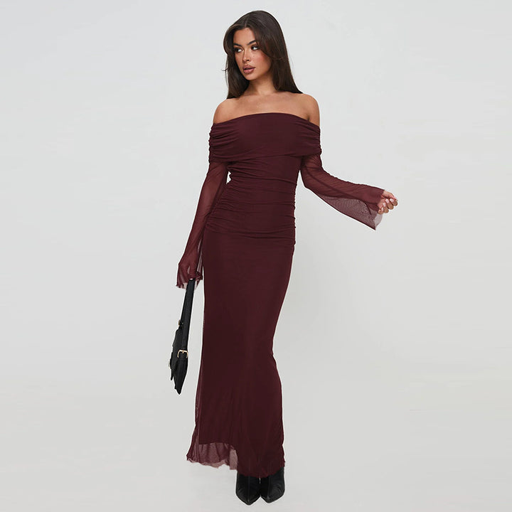 Damen figurbetontes Maxikleid mit schulterfreiem Design und Rüschendetails Echo Archiv