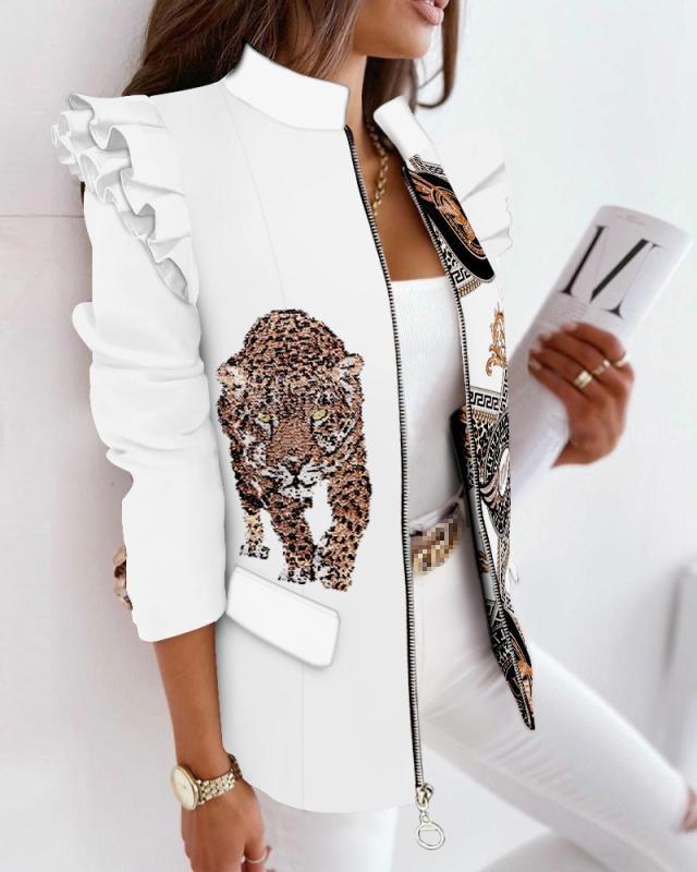 Damen nan Leo-Blouson mit Volantärmeln, Stehkragen und Zipper-Front Echo Archiv