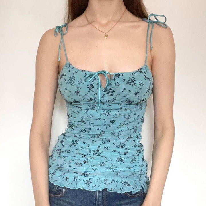 Damen luftiges Blumenmuster Top mit Rüschendetails und verstellbaren Trägern Echo Archiv