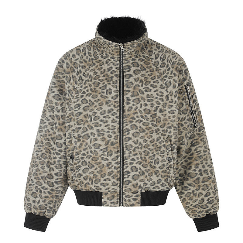 Damen gesteppte Bomberjacke mit Kunstfell-Stehkragen, Allover-Leo-Print und Rippbündchen Echoarchiv