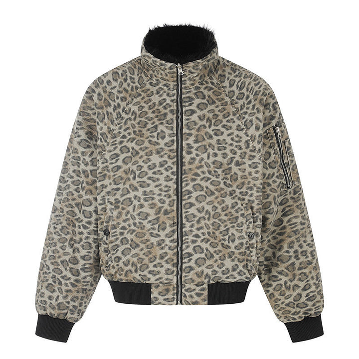 Damen gesteppte Bomberjacke mit Kunstfell-Stehkragen, Allover-Leo-Print und Rippbündchen Echoarchiv