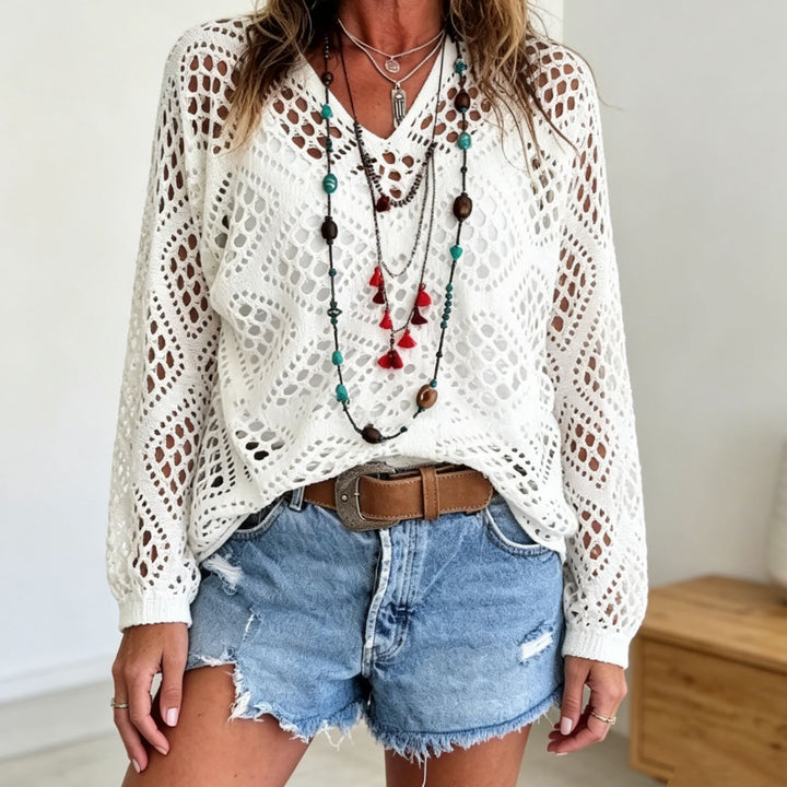 Damen Grobstrick-Häkelpullover mit offenen Maschen und V‑Ausschnitt – Mavelle