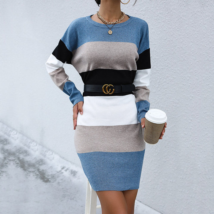 Damen Feinstrick-Minikleid mit Colorblock-Streifen, taillierter Silhouette und Rundhalsausschnitt Echoarchiv