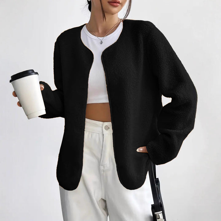 Damen Kurzjacke Teddy-Fleece Cardigan ohne Verschluss mit Rundhals – Célinea