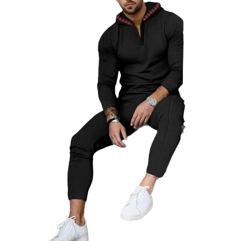 Herren nan Slim-Fit Waffel-Strick Kapuzen-Set mit Halbzip, kontrastgefütterter Kapuze und tapered Jogginghose Echo Archiv