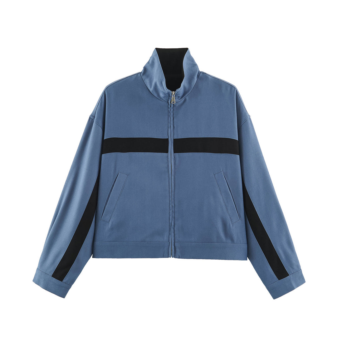 Unisex Kurz geschnittene Trackjacke mit Stehkragen, Kontraststreifen und Reißverschluss Echo Archiv