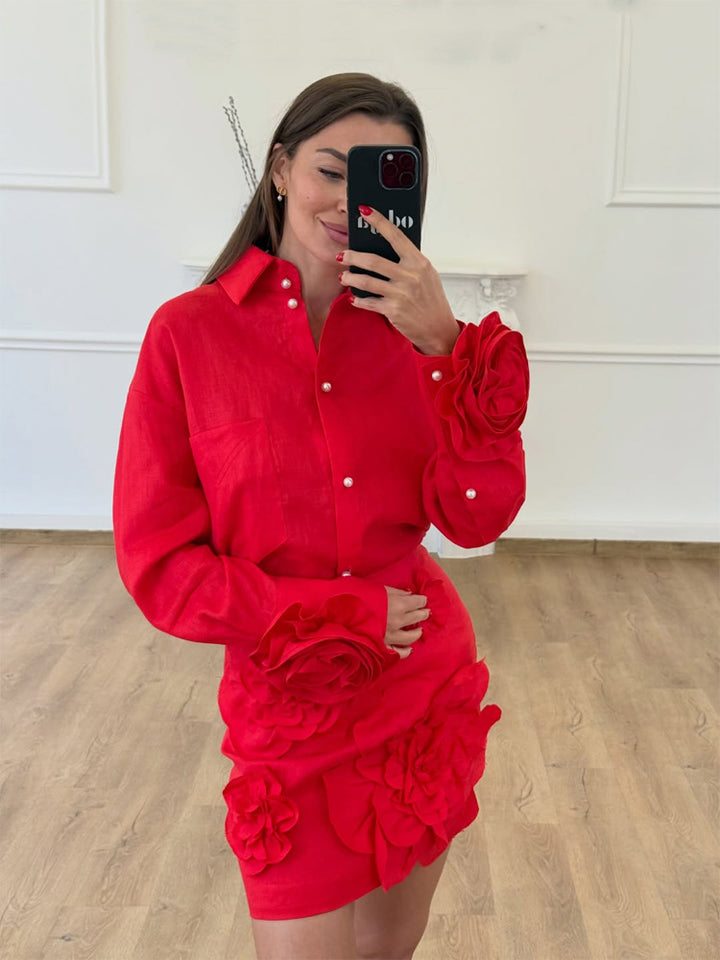 Damen Hemdblusen-Minirock-Set mit voluminösen 3D-Rosenapplikationen und Perlendetails Echoarchiv