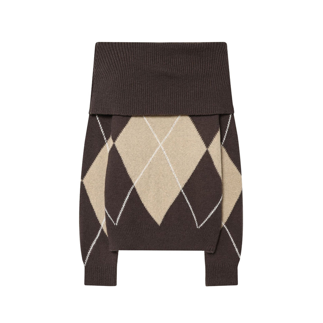 Damen Rollkragenpullover mit Argyle‑Struktur, überlanger Ripp‑Kragen und lässiger Silhouette – Mavelle