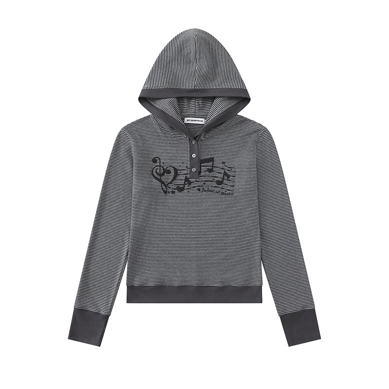 Damen Kapuzen-Henley-Pullover aus leichtem Streifenjersey mit Musik-Print Echoarchiv