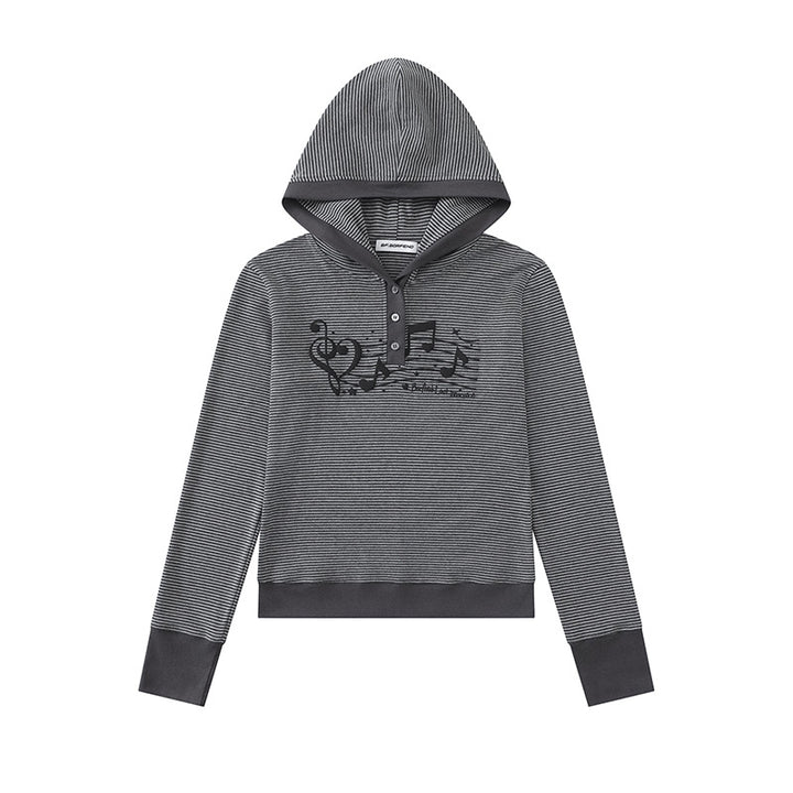 Damen Kapuzen-Henley-Pullover aus leichtem Streifenjersey mit Musik-Print Echoarchiv