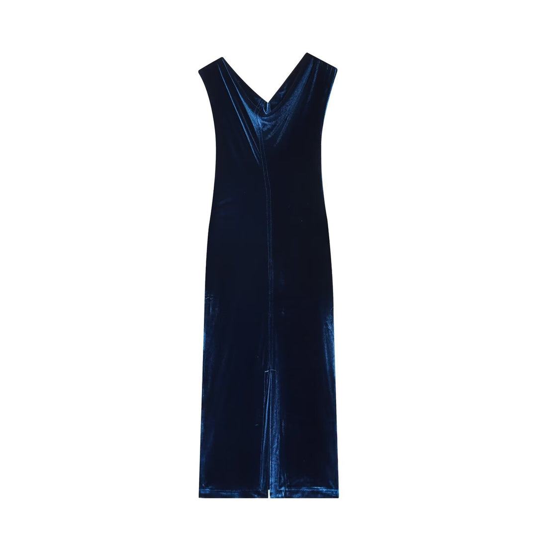 Damen Samt Maxikleid mit elegantem V-Ausschnitt und raffiniertem Schlitz Echo Archiv